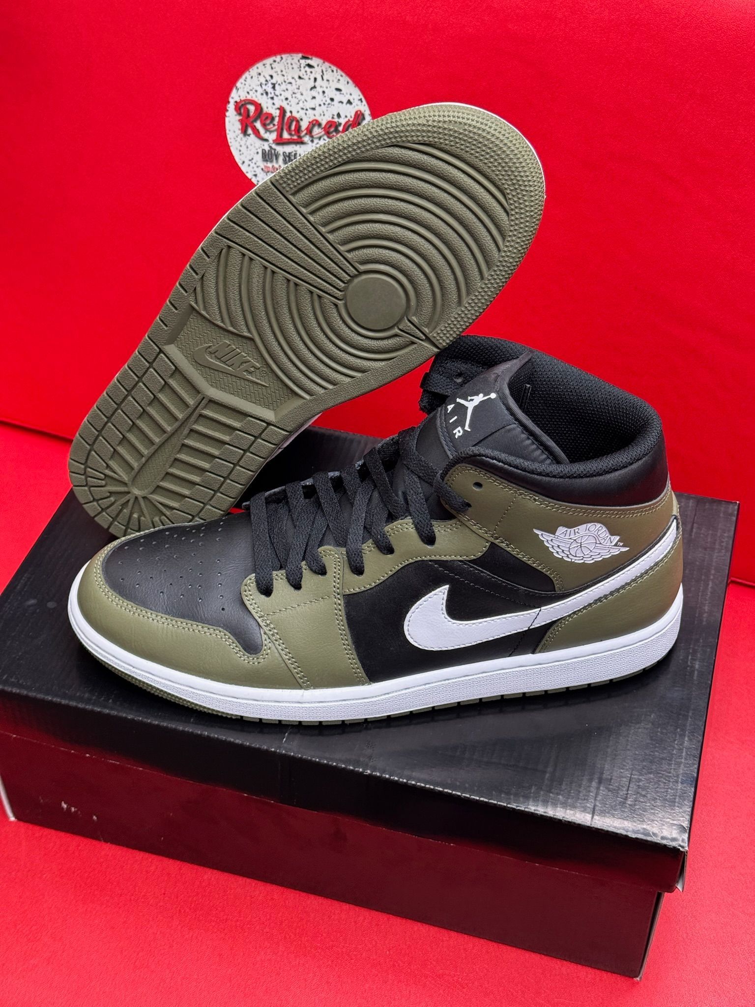 11.5 Mens Jordan 1 Mid Black White Olive