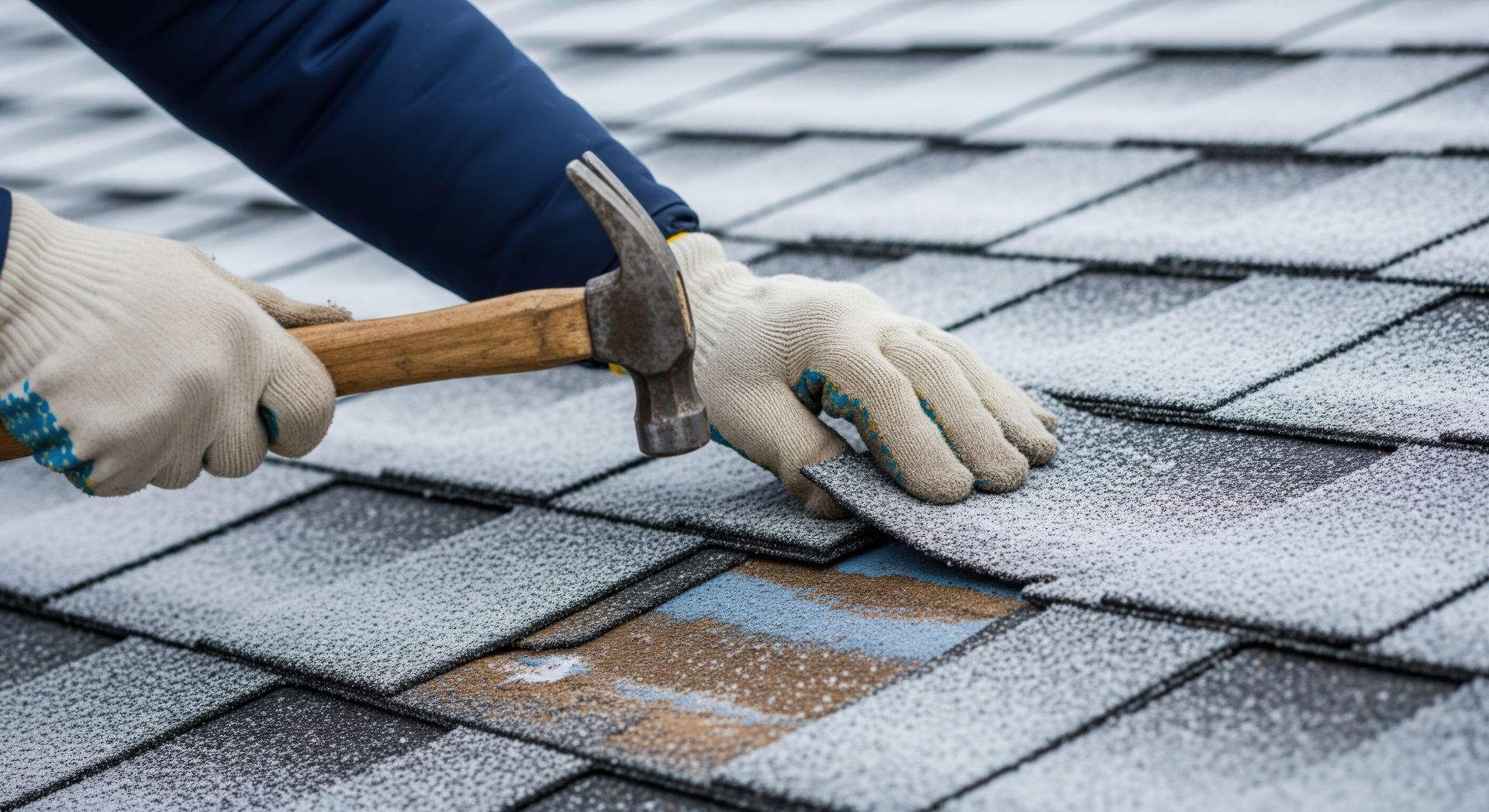 Person in gloves, hammering shingle on snowy rooftop.