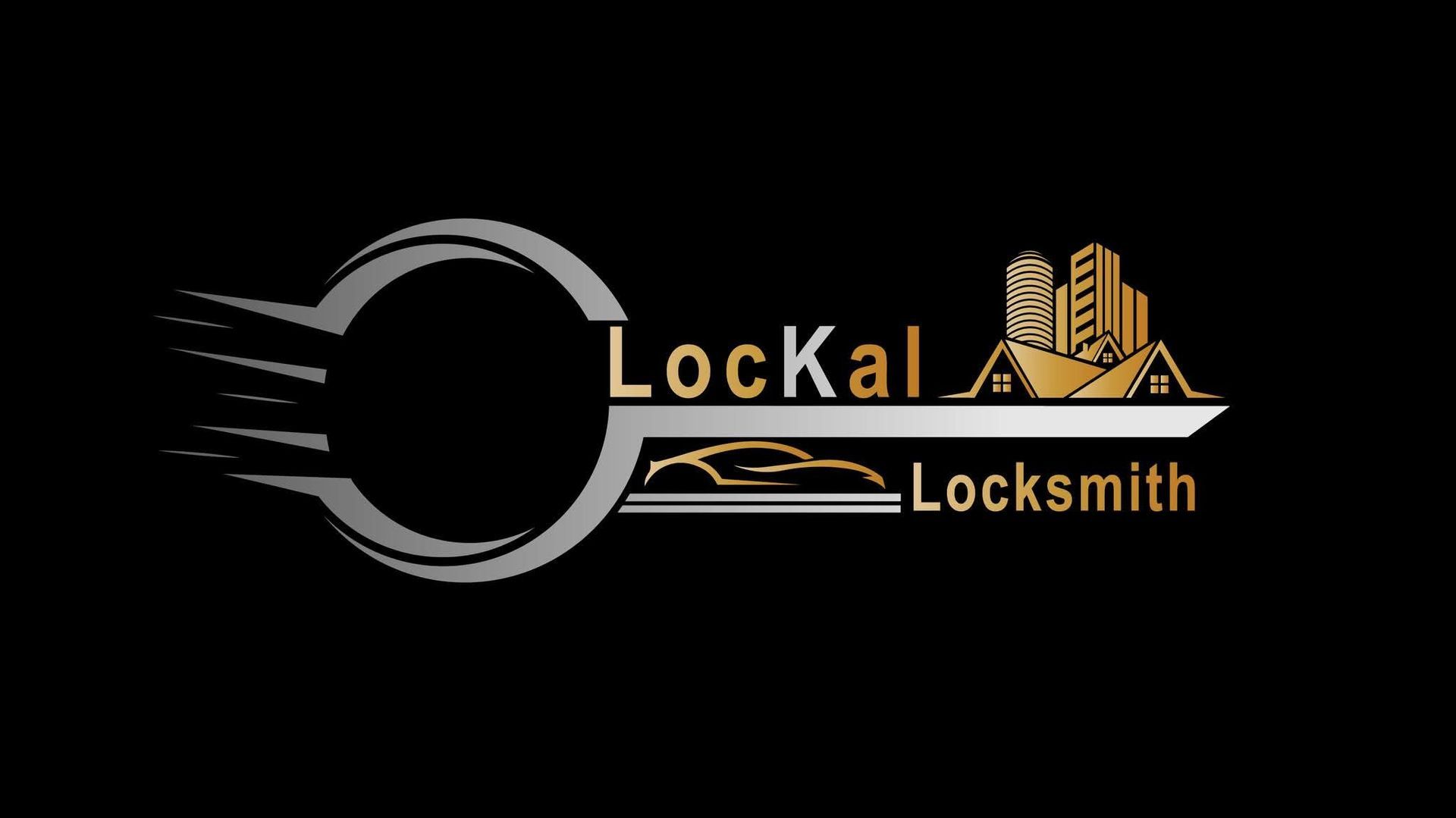 Logo for LockKal Locksmith: silver key outline, gold text, cityscape and car illustration.