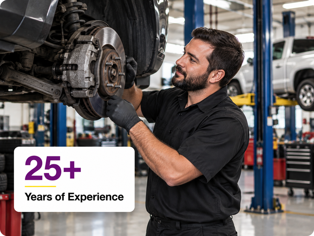 Mechanic inspecting a car’s wheel brake in a repair shop, with “25+ Years of Experience” label.