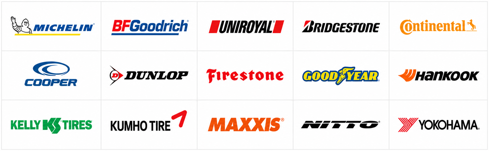Tire brand logos arranged in a grid on a white background, including Michelin, Bridgestone, Continental, and Goodyear.
