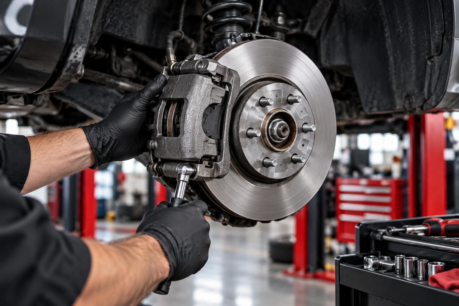 Mechanic using a wrench to service a car’s brake rotor in an auto shop