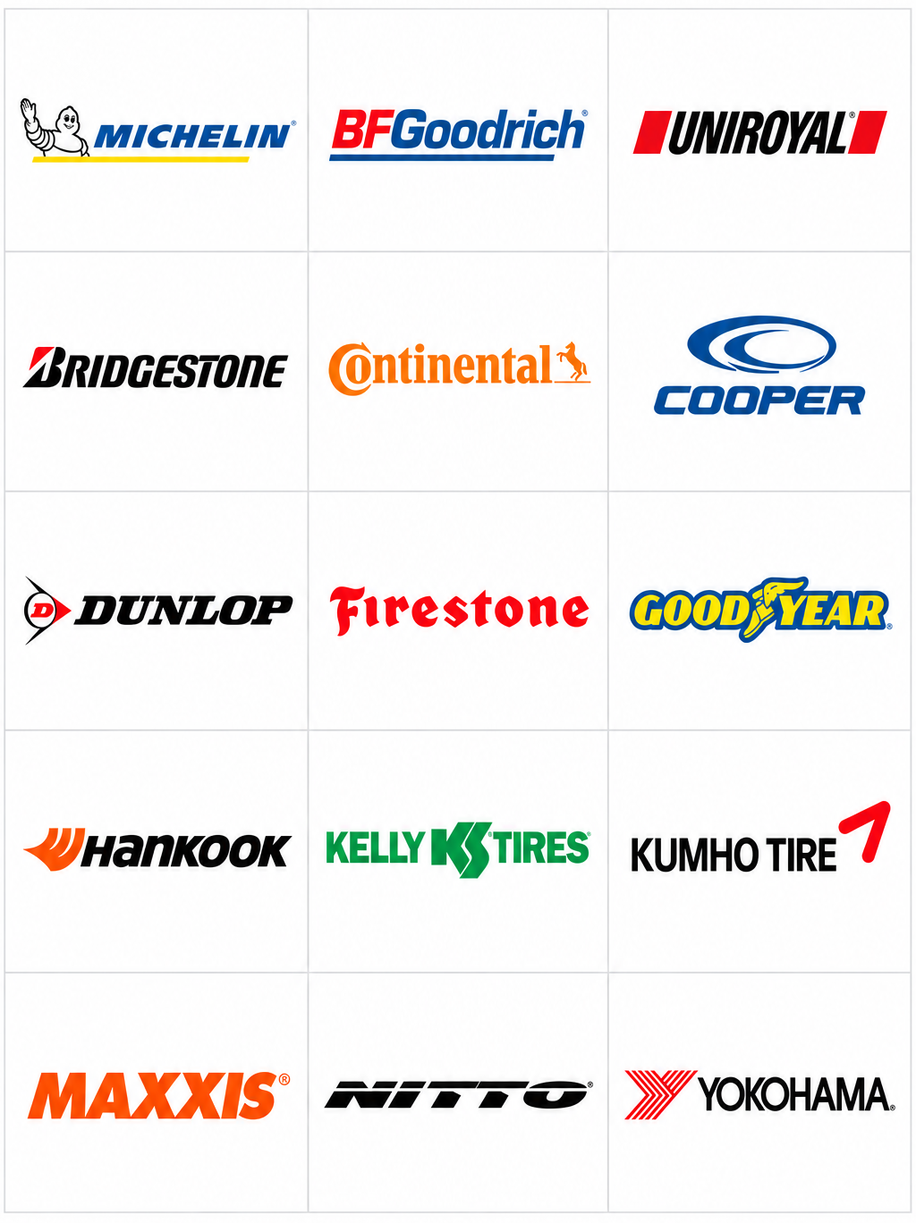 Grid of tire brand logos including Michelin, Bridgestone, Continental, Goodyear, Hankook, and Yokohama on white background