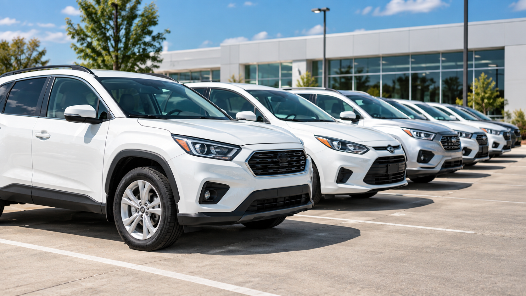 Row of white SUVs parked outside a dealership on a sunny day