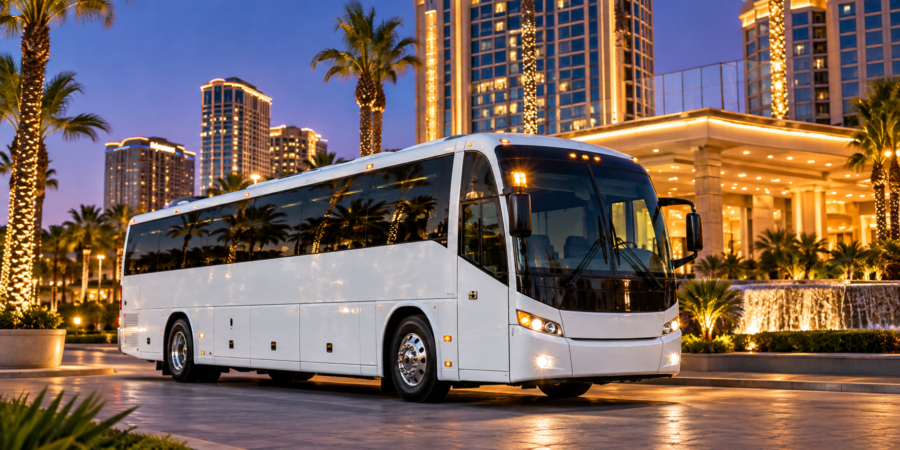 White coach bus parked on a palm-lined street at dusk with lit buildings in the background