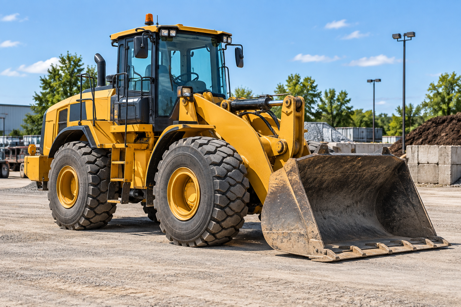 Yellow front-end loader parked on gravel with raised bucket at a construction site