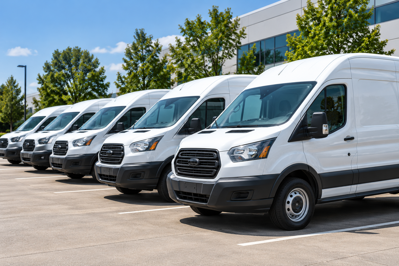 Row of white delivery vans parked outside a building on a sunny day