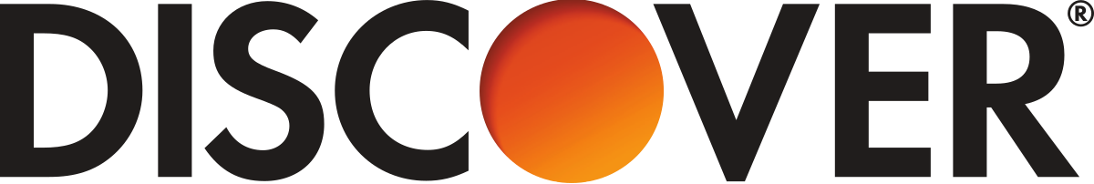 Discover logo with black text and an orange-red gradient circle for the “O”
