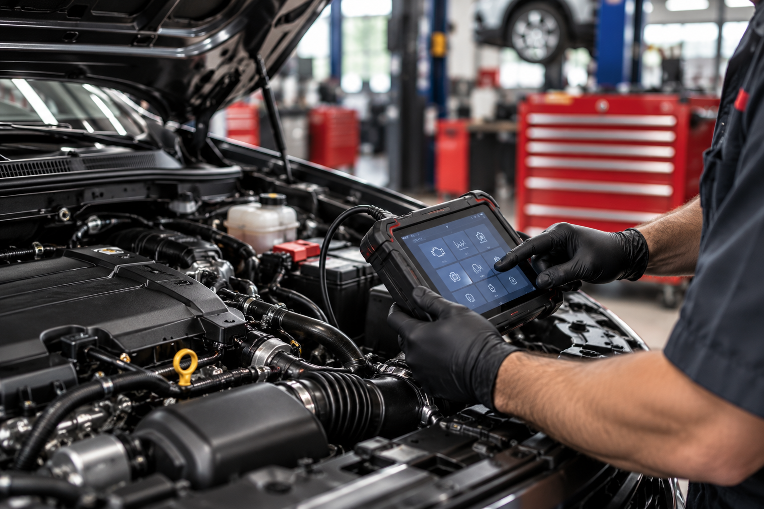 Mechanic using a diagnostic tablet on a car engine in an auto repair shop