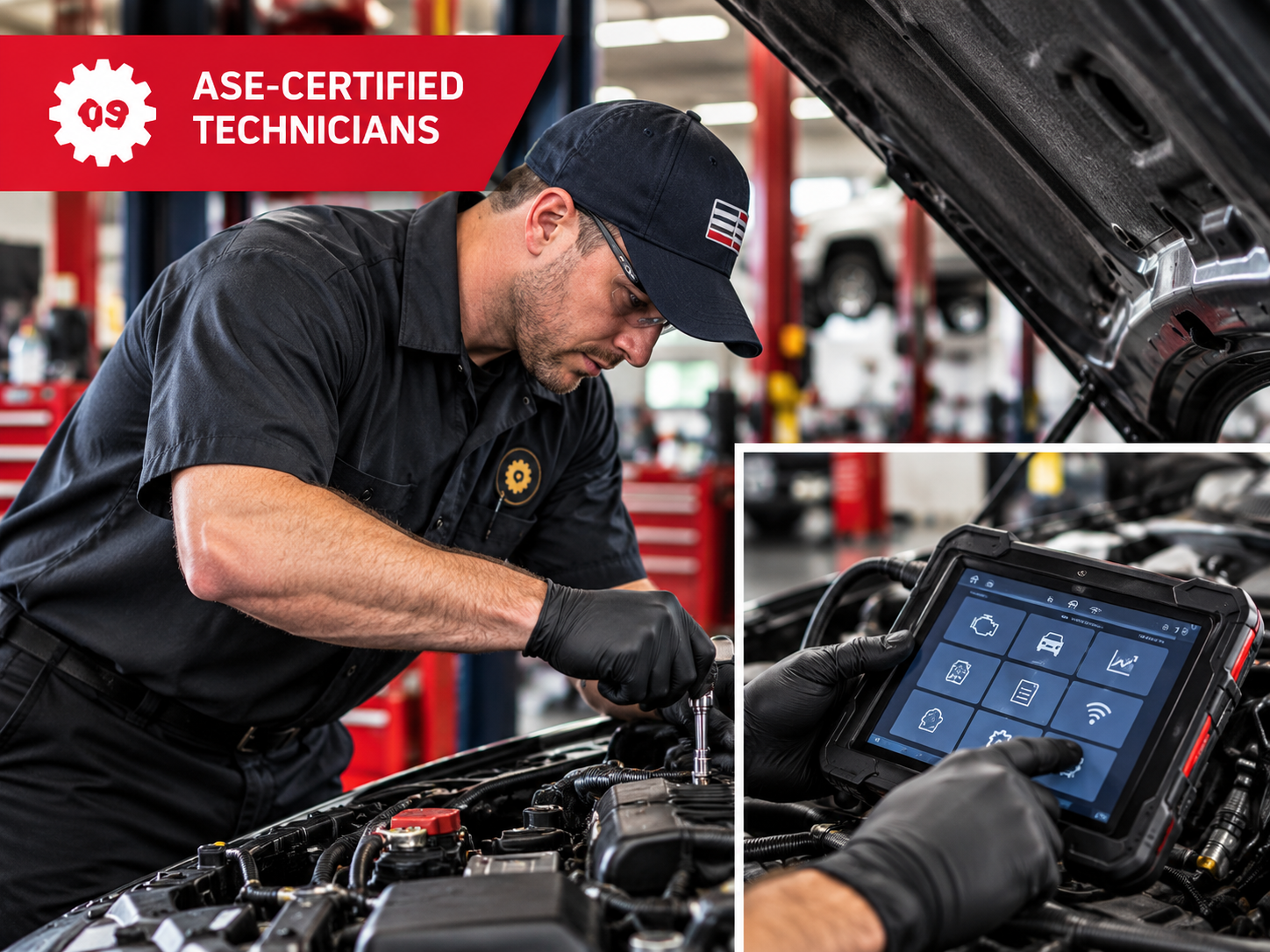 ASE-certified mechanic using a diagnostic tablet on a car in a busy auto repair shop