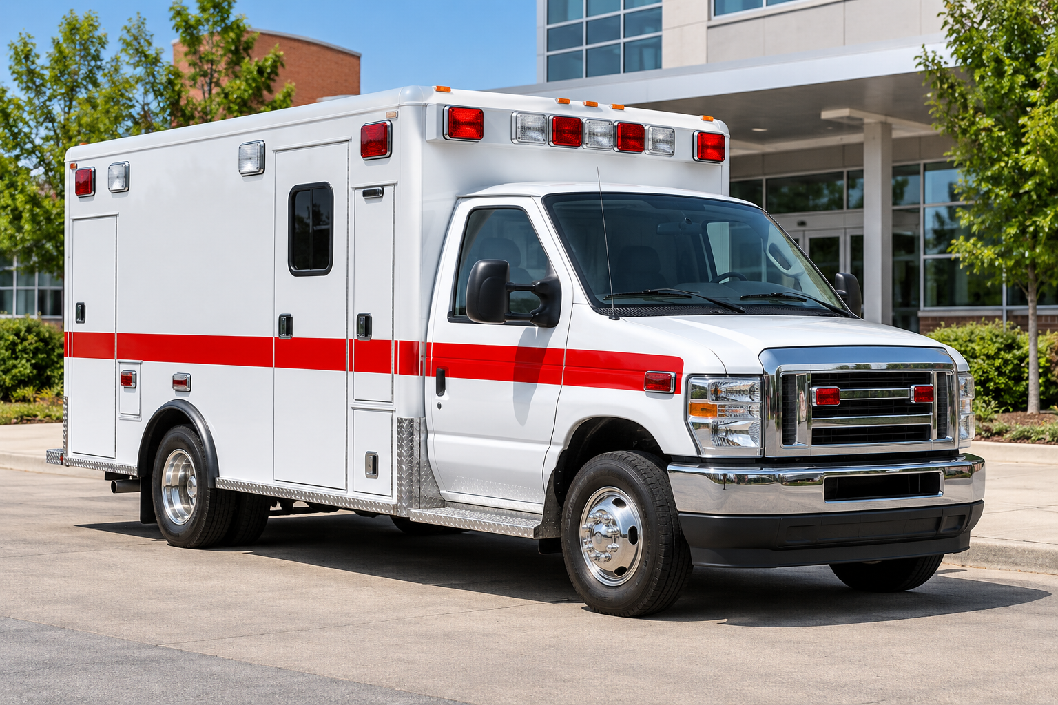 White ambulance with red stripe parked outside a building