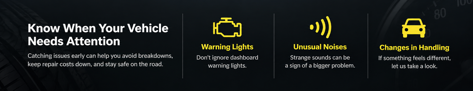 Car dashboard warning graphic with icons for check engine, tire pressure, and collision alerts on a black background