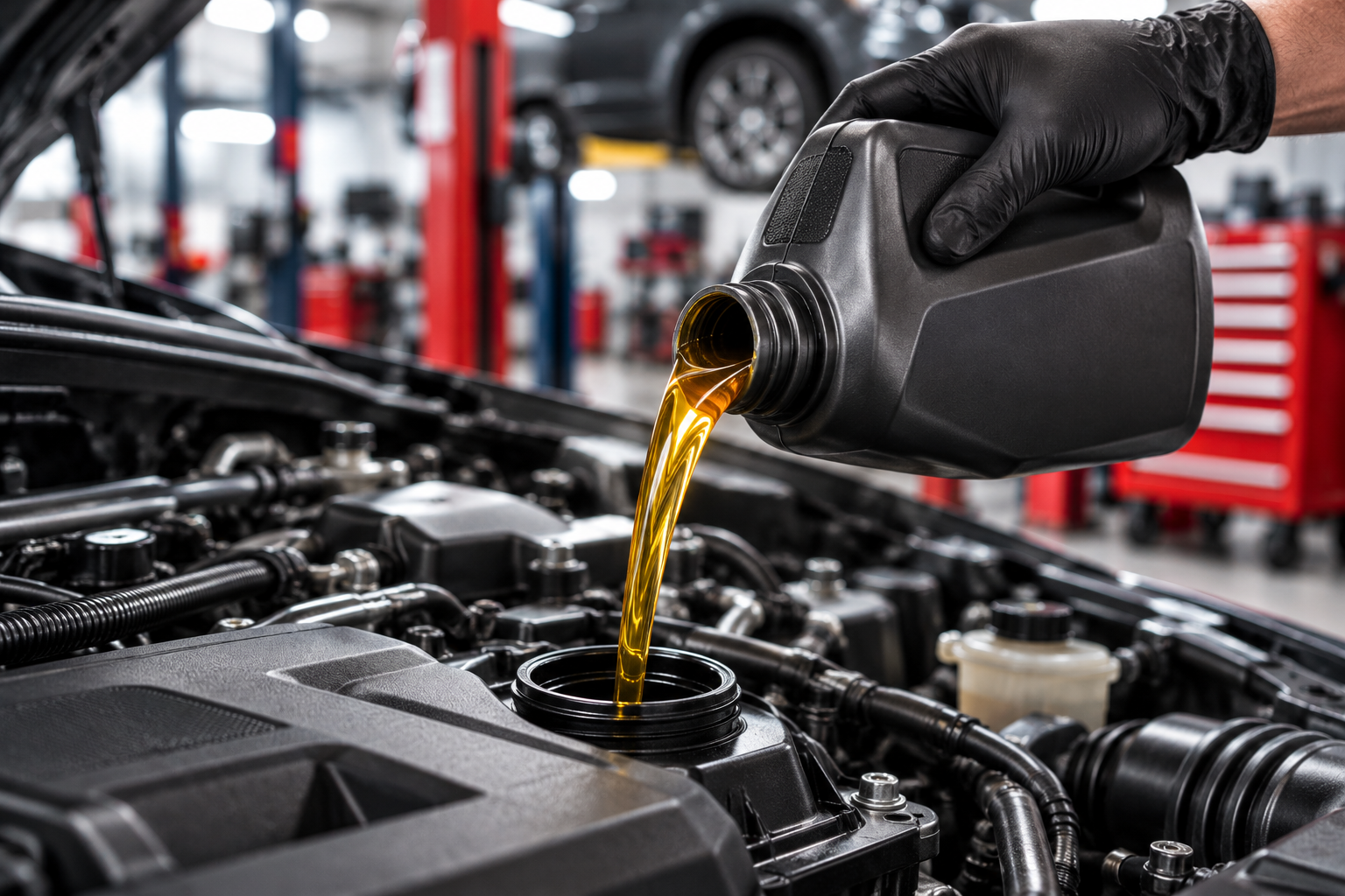 Mechanic pouring motor oil into a car engine in a repair shop