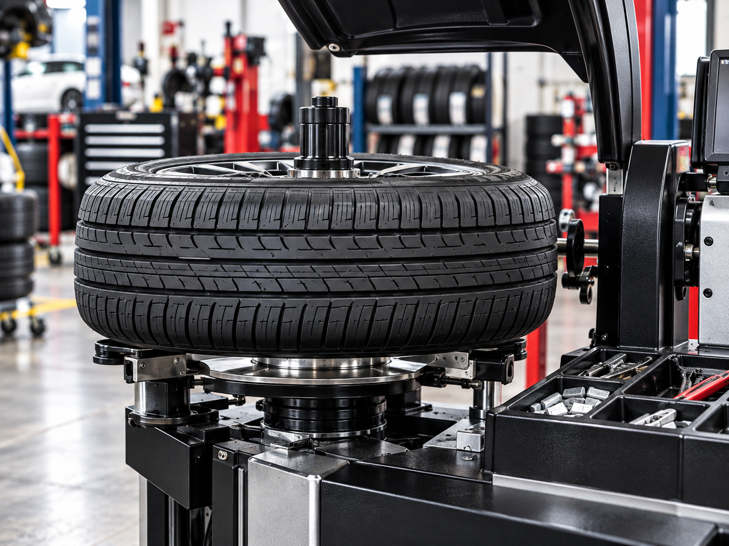 Tire mounted on an industrial wheel-balancing machine in an auto shop