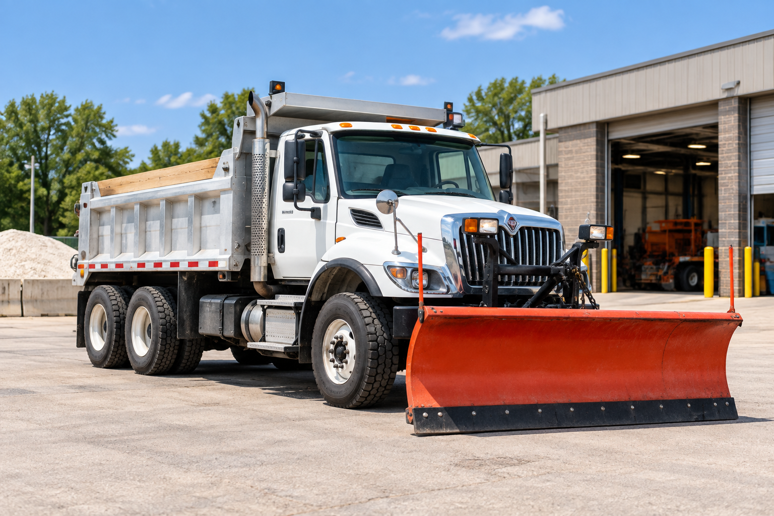 White dump truck with orange snowplow parked outside an industrial building