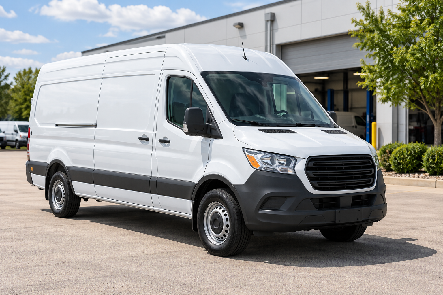 White cargo van parked outside a warehouse on a sunny day