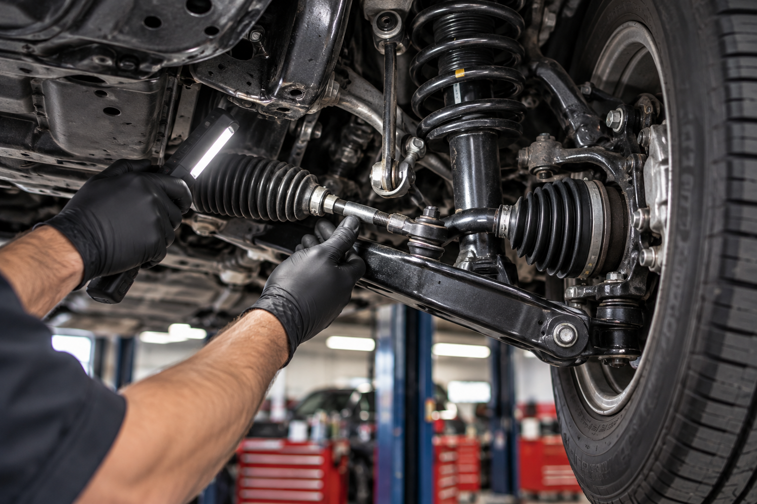 Mechanic inspecting a car’s suspension and steering components under a lifted vehicle in a repair shop