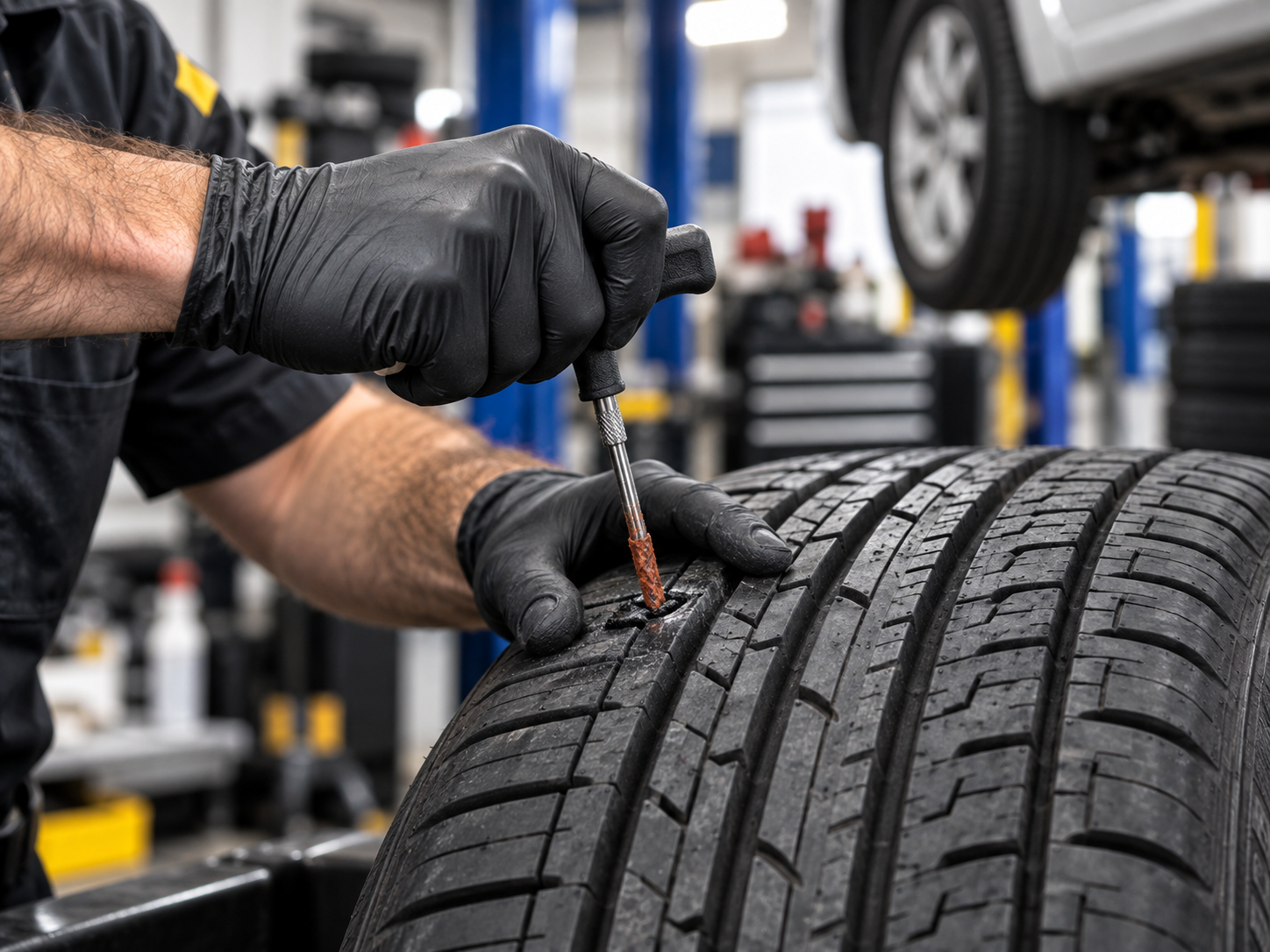 Mechanic checking tire tread with a gauge in an auto repair shop