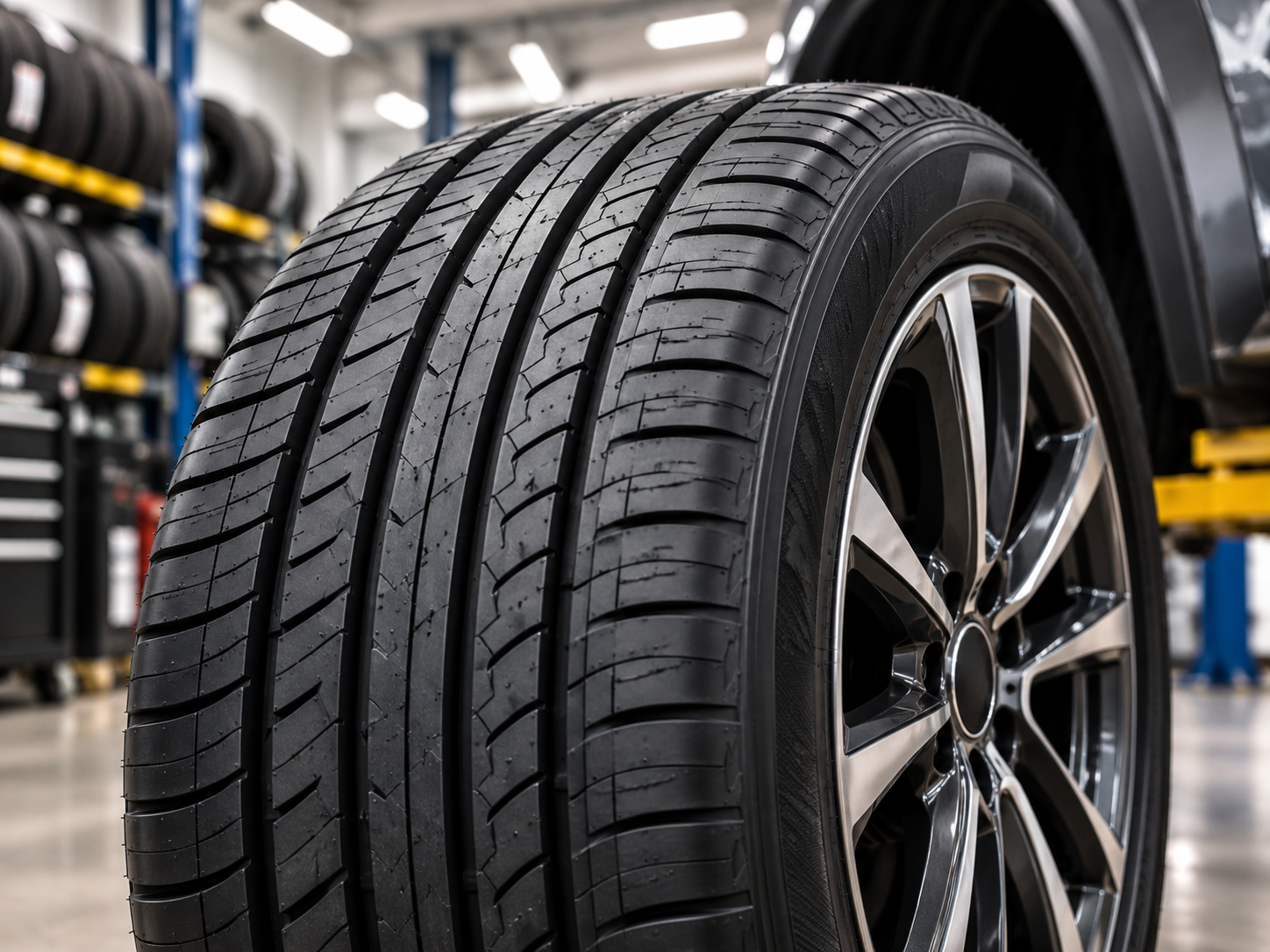 Close-up of a black car tire and alloy wheel in a garage or tire shop
