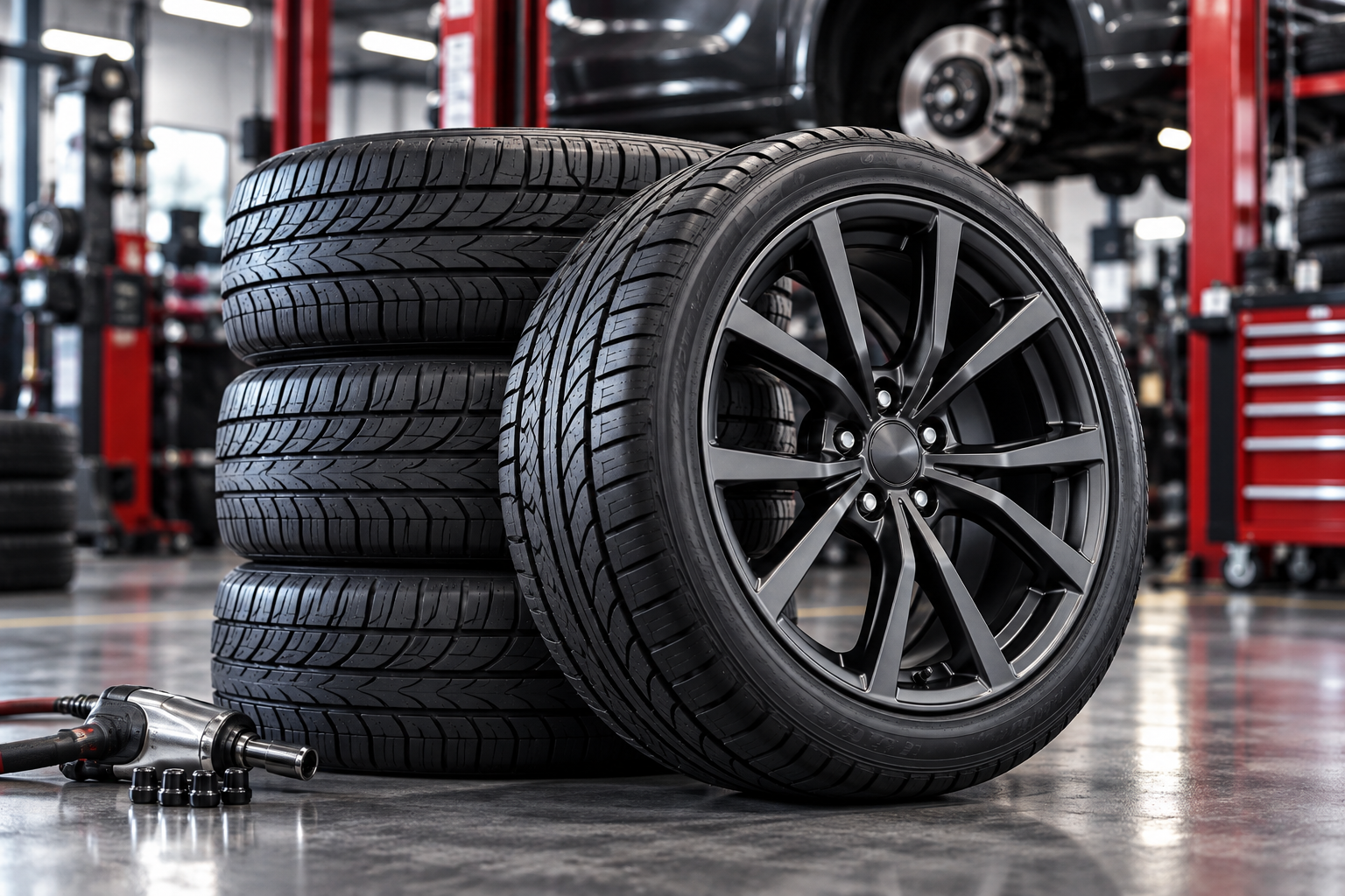 Stacked car tires and black alloy wheels in an auto shop garage with a polished floor.