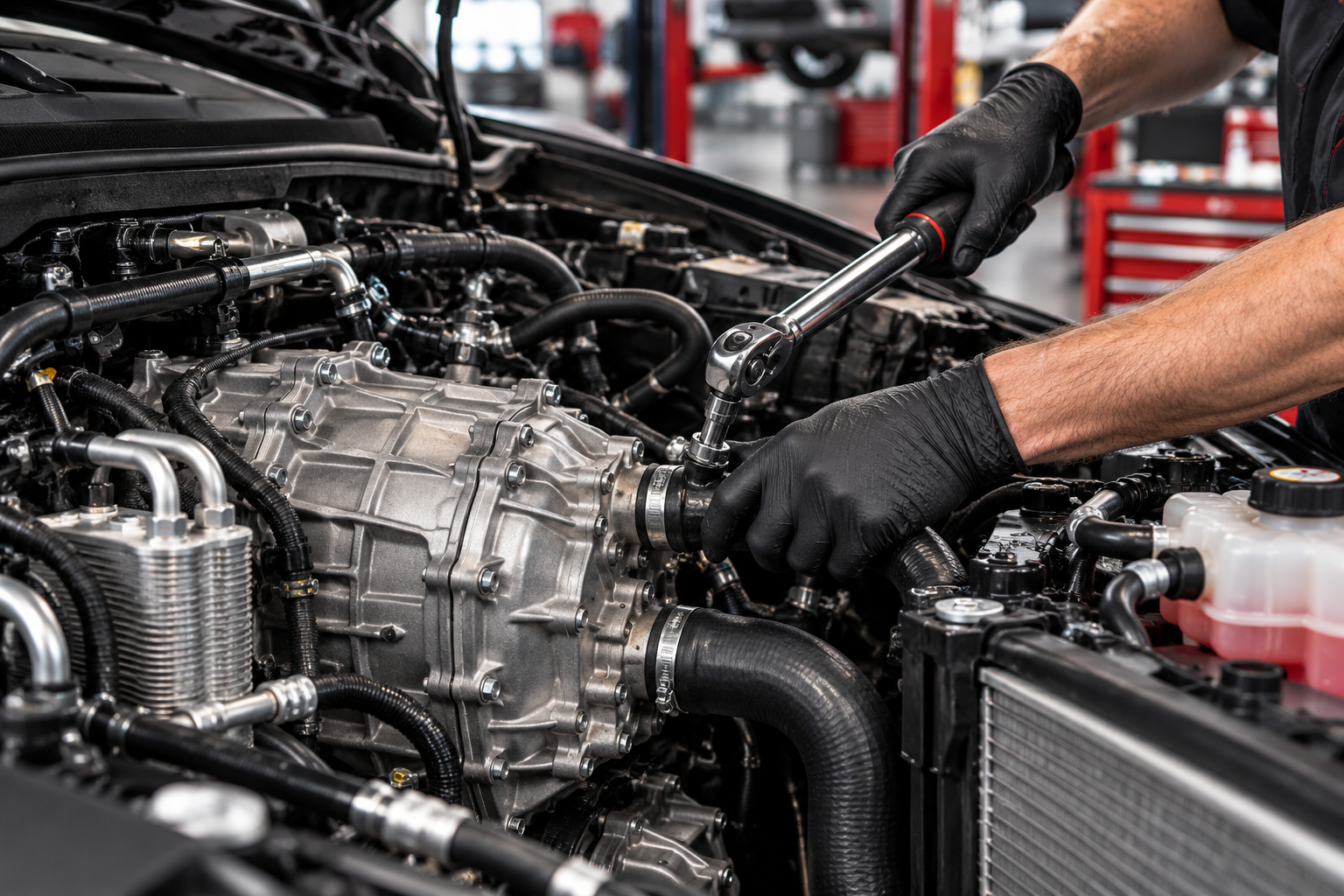 Mechanic wearing black gloves works on a car engine in a garage