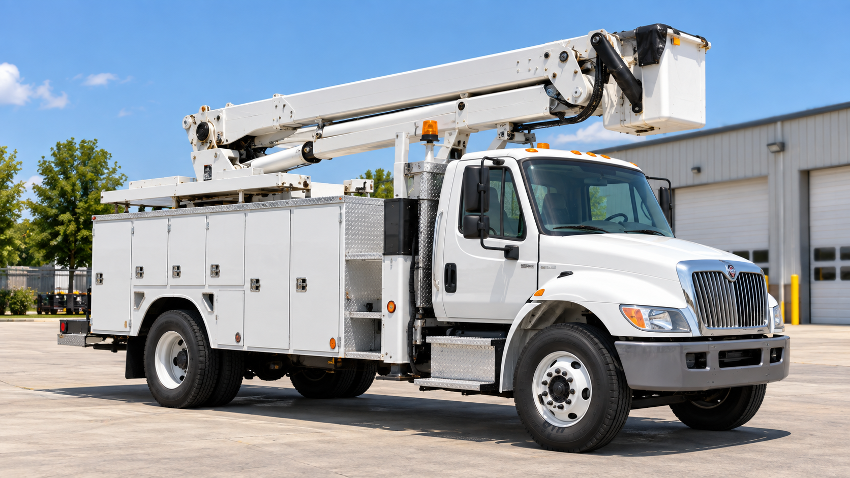 White utility bucket truck parked outside a warehouse on a sunny day