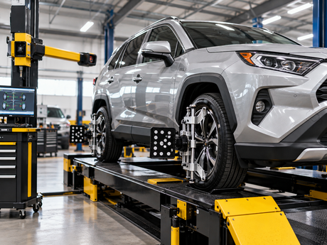Silver SUV on a vehicle assembly line in a factory, with robotic equipment and black-yellow machinery
