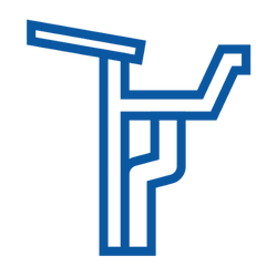 Blue outline of a gutter system, with a horizontal section attached to a roof line and a downspout. Representing Seamless Gutter Installation by Gutter Specialist in Reno, NV.