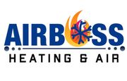 Logo for Airboss Heating & Air, featuring blue text with a central icon of a blue snowflake inside a yellow flame.