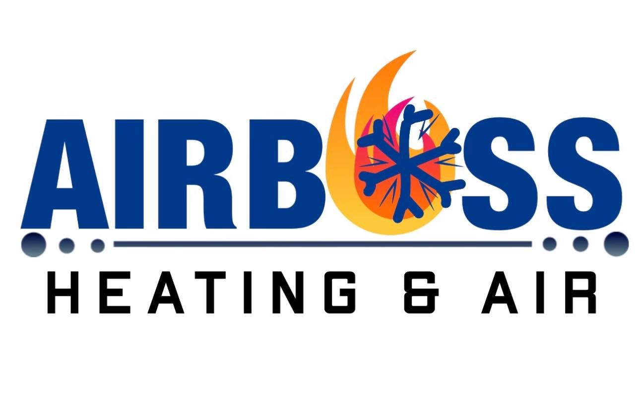Logo for Airboss Heating & Air, featuring blue text with a central icon of a blue snowflake inside a yellow flame.