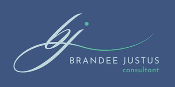 A logo for brandee justus consultant on a blue background
