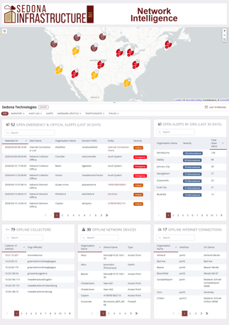 Sedna Infrastructure network intelligence dashboard with U.S. map, alert icons, and data tables