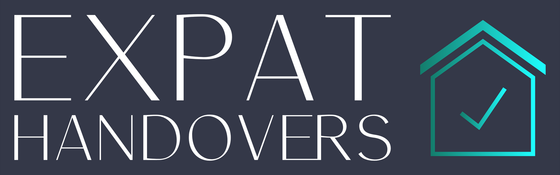 Expat Handovers logo with white text and teal house icon with checkmark on a dark background