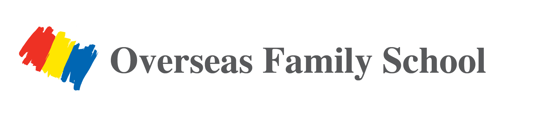 Overseas Family School logo with multicolor abstract mark and gray text on white background