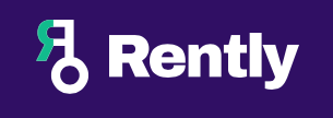 Rently logo on a purple background with white and teal icon and text