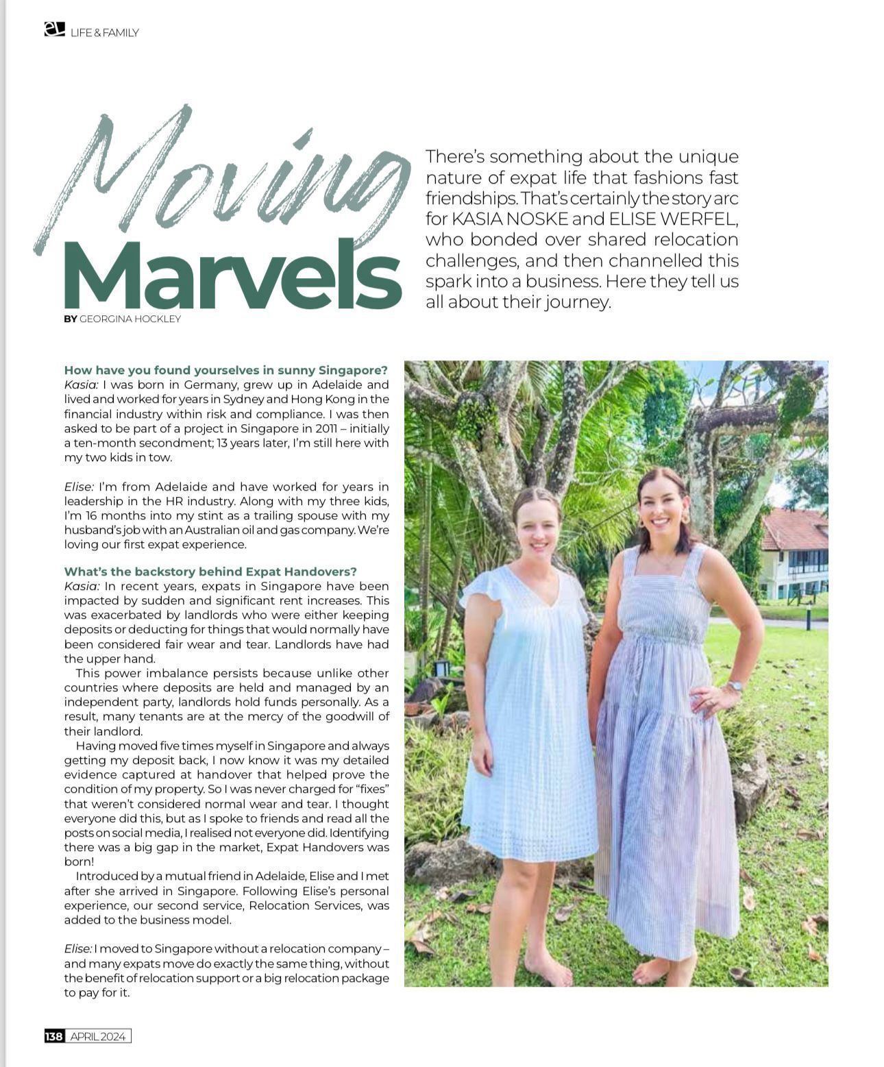 Magazine page titled “Moving Marvels” with two women standing outdoors in light dresses.