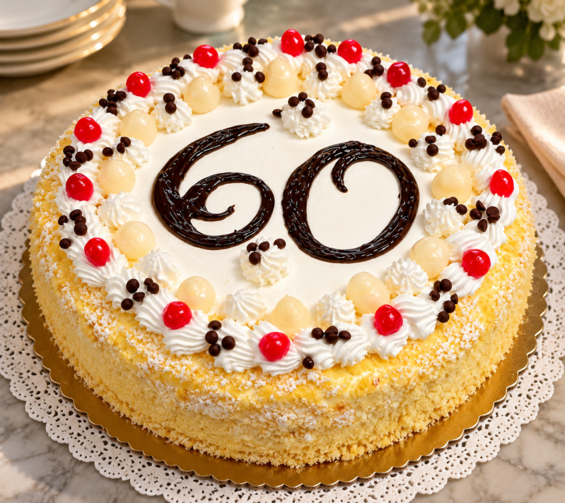 Torta rotonda di compleanno con glassa bianca, frutti di bosco e una decorazione di cioccolato a forma di “60”, su un centrino di pizzo
