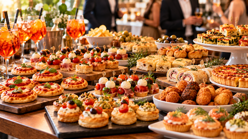 Tavolo del buffet con un assortimento di dessert, pasticcini e crostate alla frutta durante un evento con catering