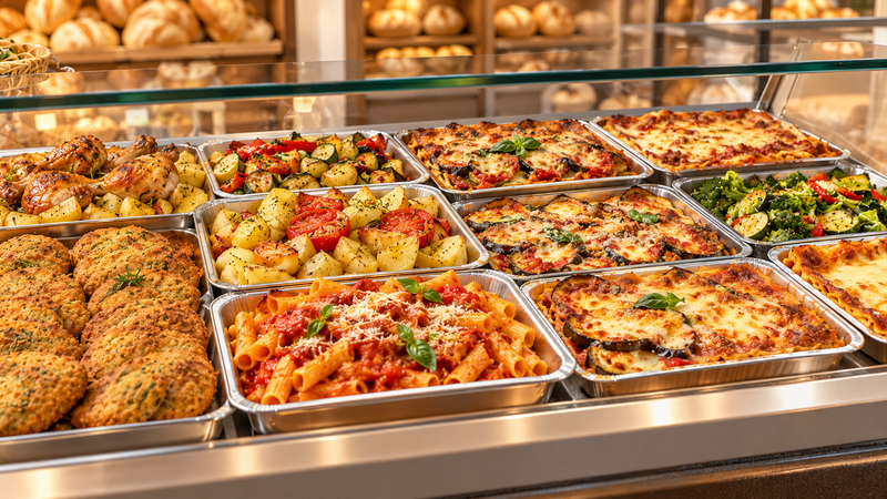 Vassoio espositivo con una selezione di piatti al forno e pasticcini, in una gastronomia o al banco del buffet