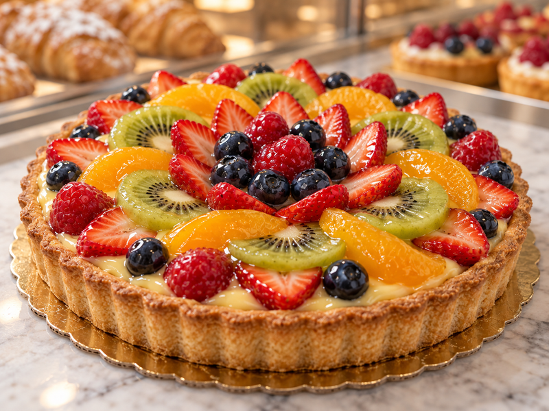 Crostata di frutta guarnita con fragole, lamponi, mirtilli, kiwi e fette d’arancia su un piano di marmo