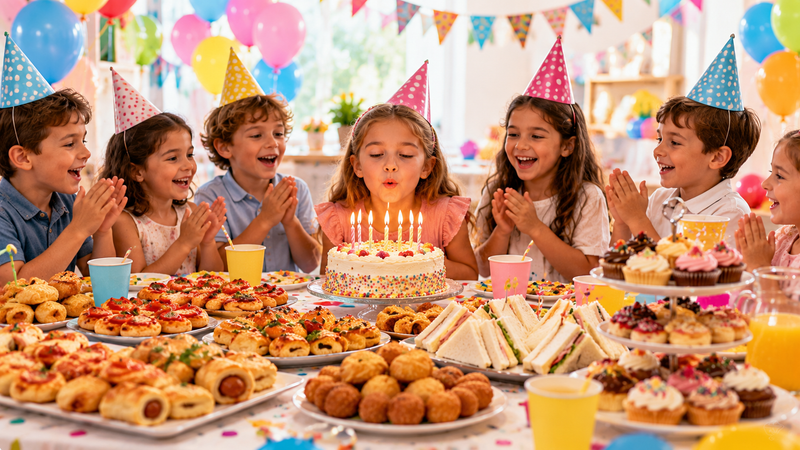 Bambini festeggiano intorno a una torta di compleanno, con palloncini e stuzzichini su un tavolo colorato