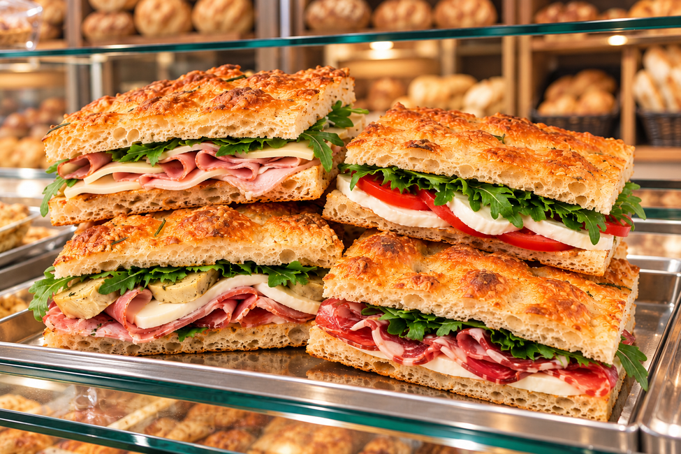 Vassoi di panini impilati con prosciutto, formaggio, lattuga e pomodoro su uno scaffale espositivo di una panetteria
