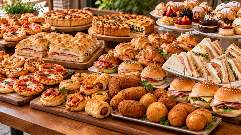 Assortimento di pasticcini, panini e prodotti da forno disposti su un tavolo da buffet in legno durante un evento con servizio catering