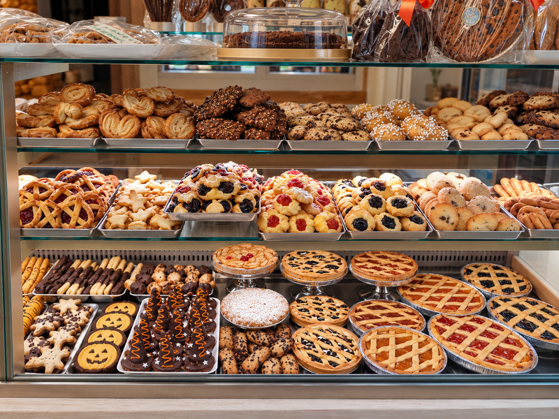 Esposizione di una pasticceria con ciambelle, dolci e torte assortiti su ripiani in vetro