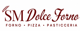 Logo del panificio SM Dolce Forno in bordeaux con icona di spighe di grano e testo “Forno • Pizza • Pasticceria”