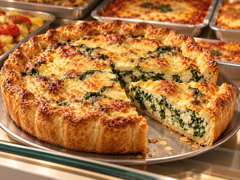 Quiche al formaggio e spinaci su un vassoio, con una fetta tagliata e piatti da forno sullo sfondo
