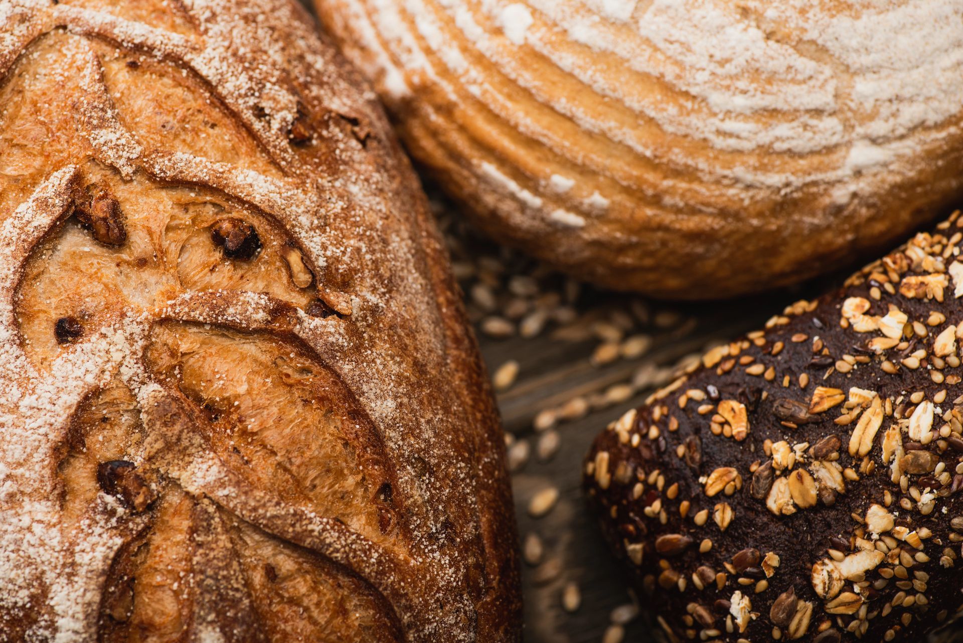 Assortimento di pani artigianali con croste croccanti e ricoperte di semi, disposti su una superficie rustica