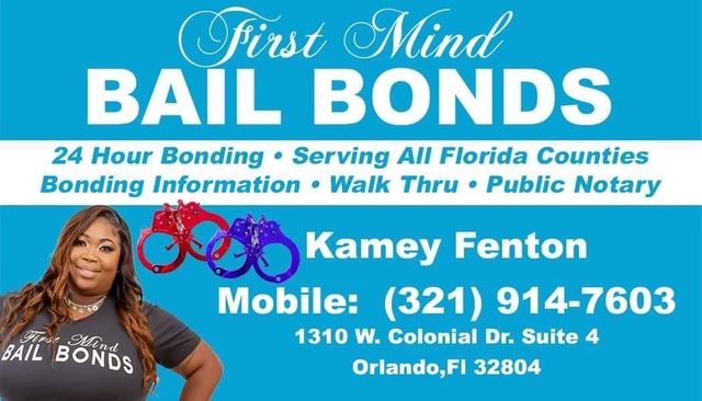 An ad for first mind bail bonds shows a woman in handcuffs