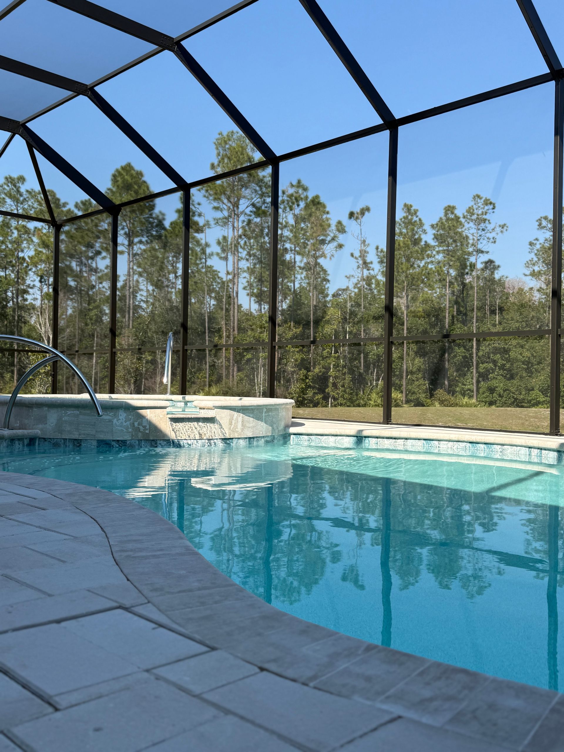 Pool under a screen enclosure, with blue water and a natural wooded backdrop.