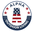 Alpha Outdoor Living logo with an American flag "A" inside a circular design, and red stars.